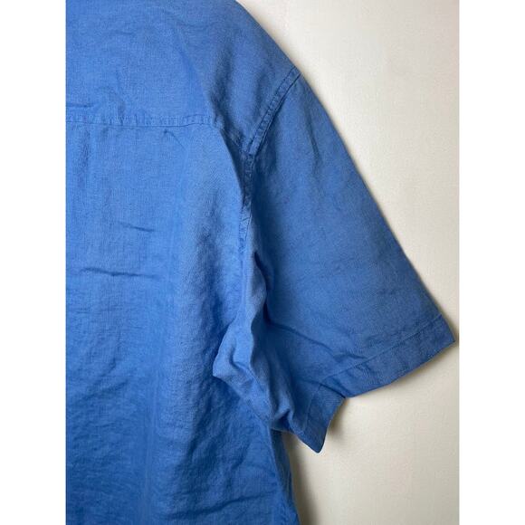 Axist Men's 100% Linen Button Up Shirt Blue Solid Short Sleeve Business Casual - Picture 7 of 11